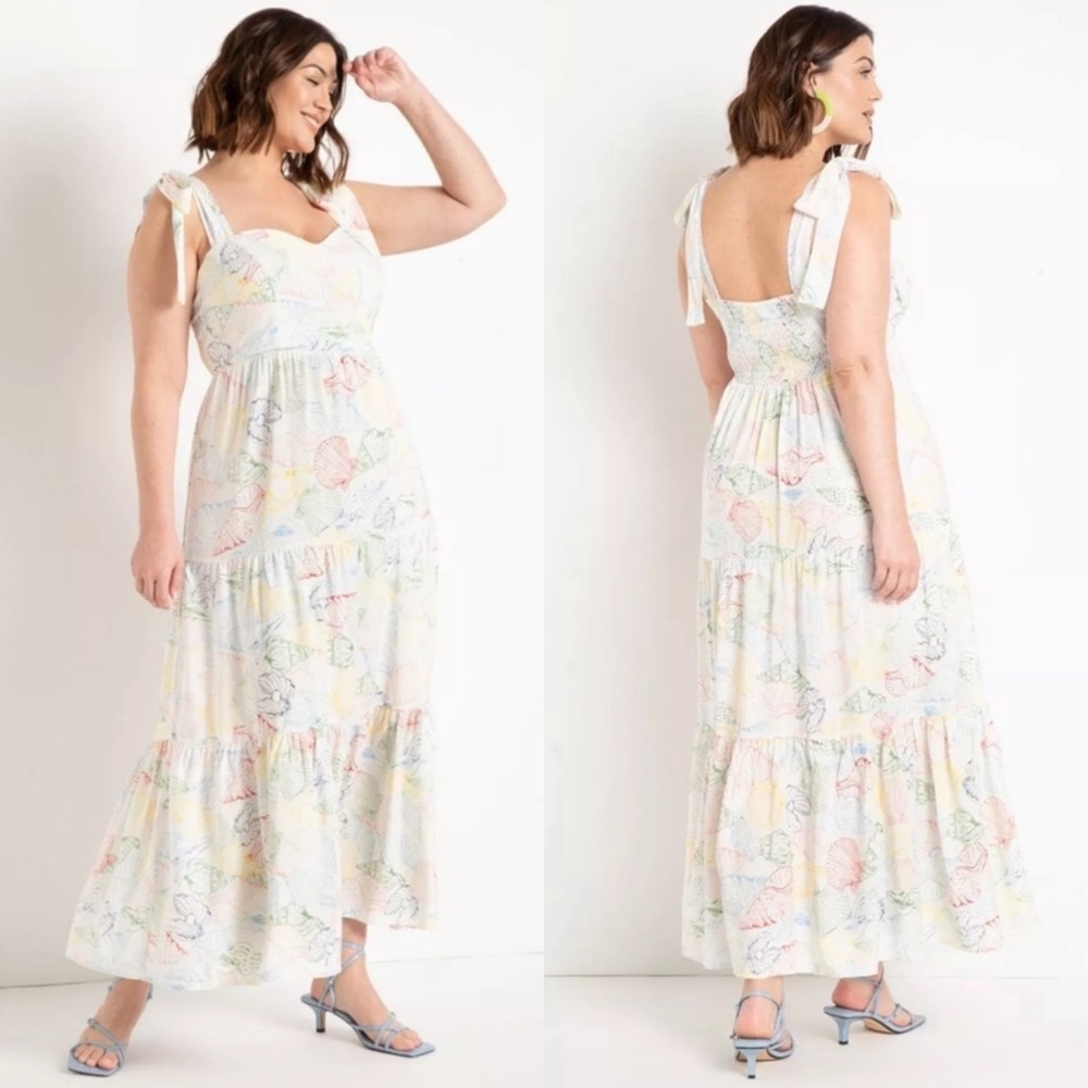 Eloquii Tiered Tie Straps Smocked Maxi Dress White She Sells Seashells 22 NWT